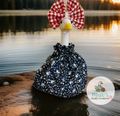 Desk Goose 7-9 inch Blue Floral Print Dress with Red and White Bow