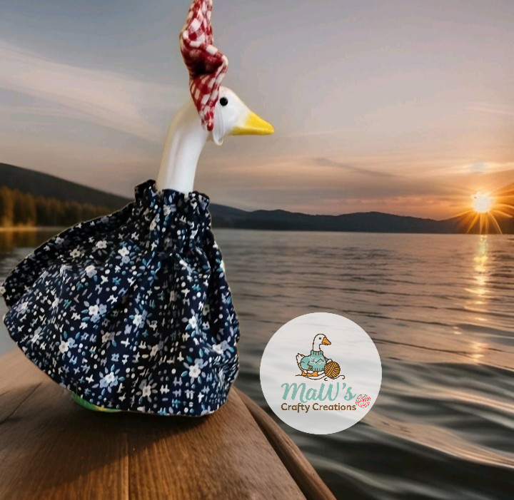 Desk Goose 7-9 inch Blue Floral Print Dress with Red and White Bow