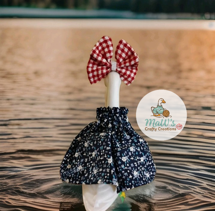 Desk Goose 7-9 inch Blue Floral Print Dress with Red and White Bow