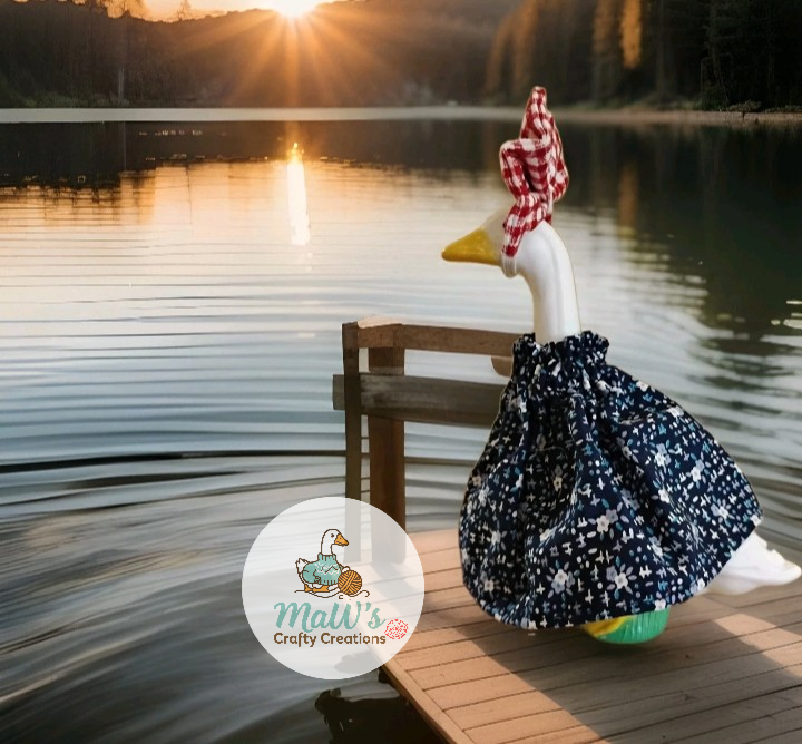 Desk Goose 7-9 inch Blue Floral Print Dress with Red and White Bow